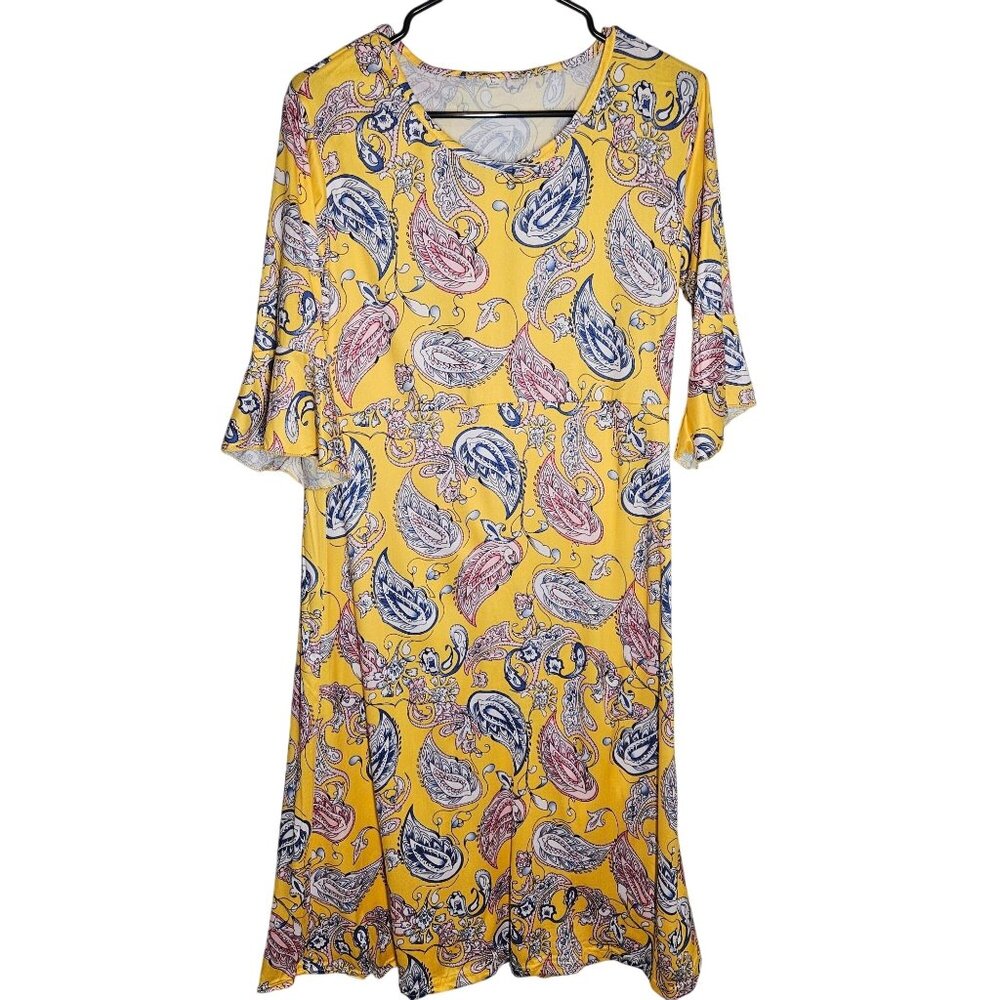 Boho, Casual or Dress up, Woman's Paisley Print Yellow A-Line Dress With Elbow-L